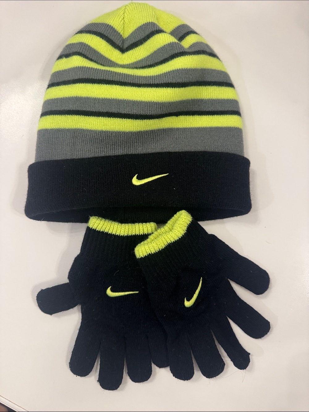 Nike Kids Yellow & Gray Striped Beanie and Gloves Set